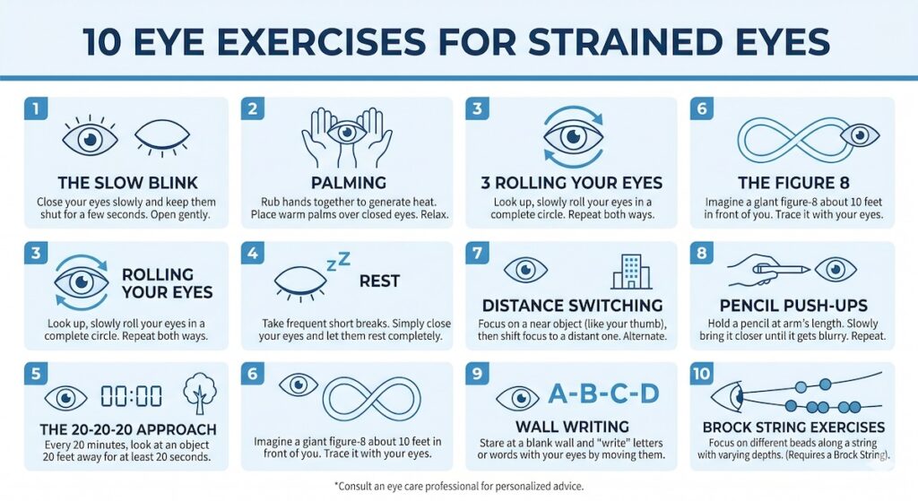An infographic outlining 10 eye exercises for strained eyes, including:
The slow blink

Paling

Rolling your eyes

Rest

The 20-20-20 approach

The figure 8

Distance switching

Pencil push-ups

Wall writing

Brock string exercises