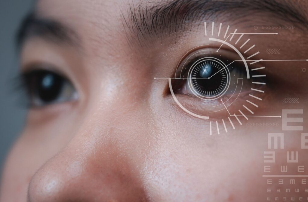 Close-up of a person's eyes with a digital reticle over one of the corneas.