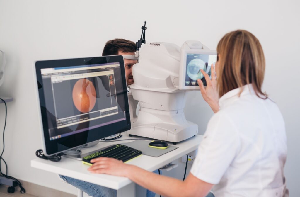 An eye doctor takes retinal images during a patient's diabetic eye exam.