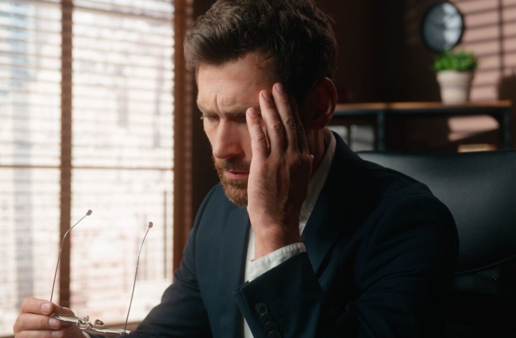 A man holding glasses in one hand and his head with the other, indicating that he has a headache from his glasses being too tight.