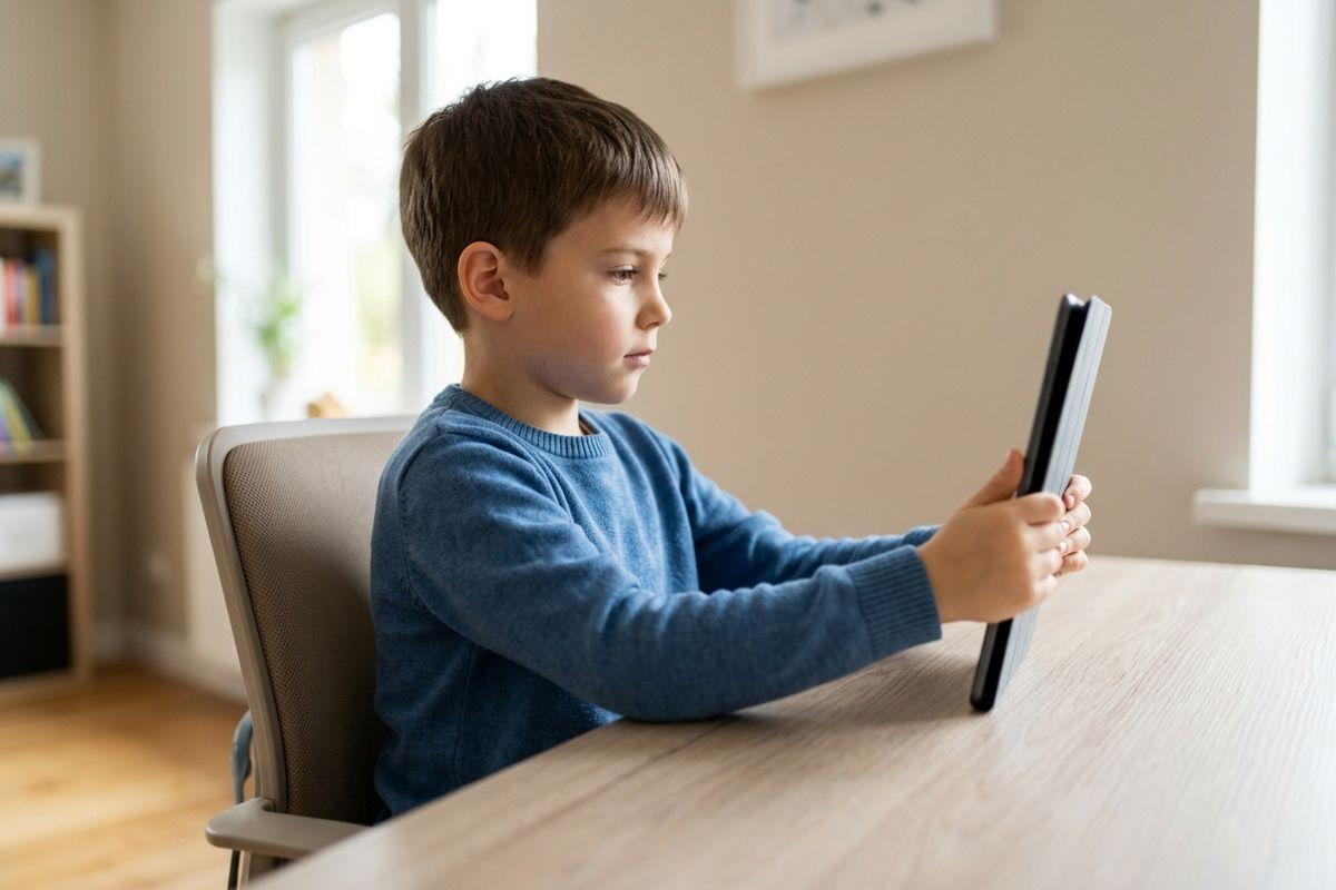 A focused child sits at a wooden desk indoors, holding a tablet upright and looking at the screen.