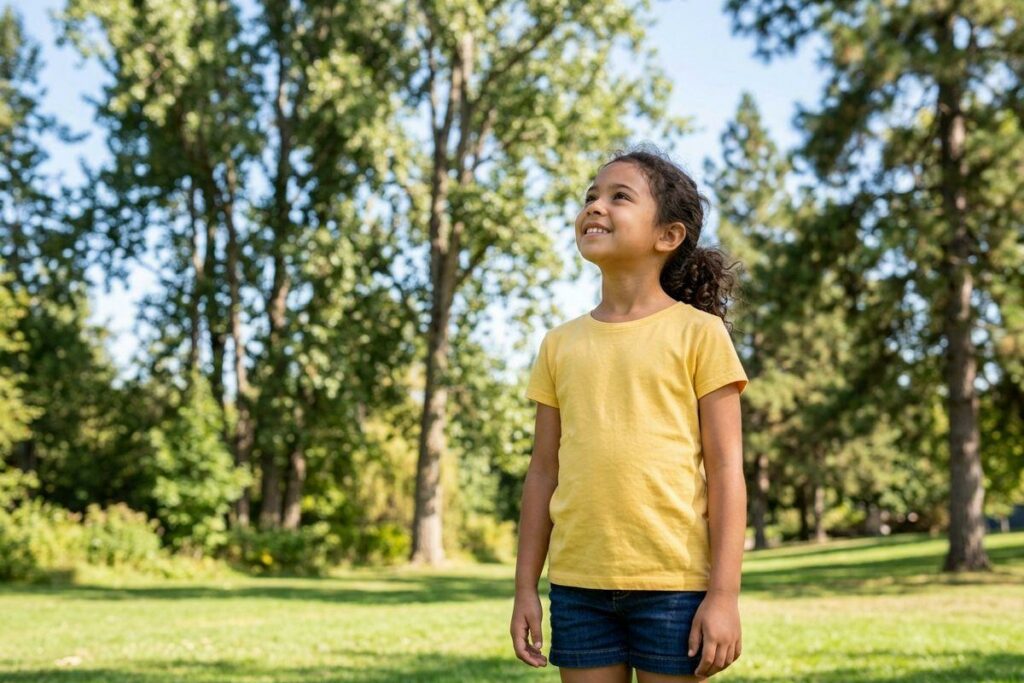 A smiling child wearing a yellow t-shirt stands in a grassy park surrounded by tall trees, looking upward.
