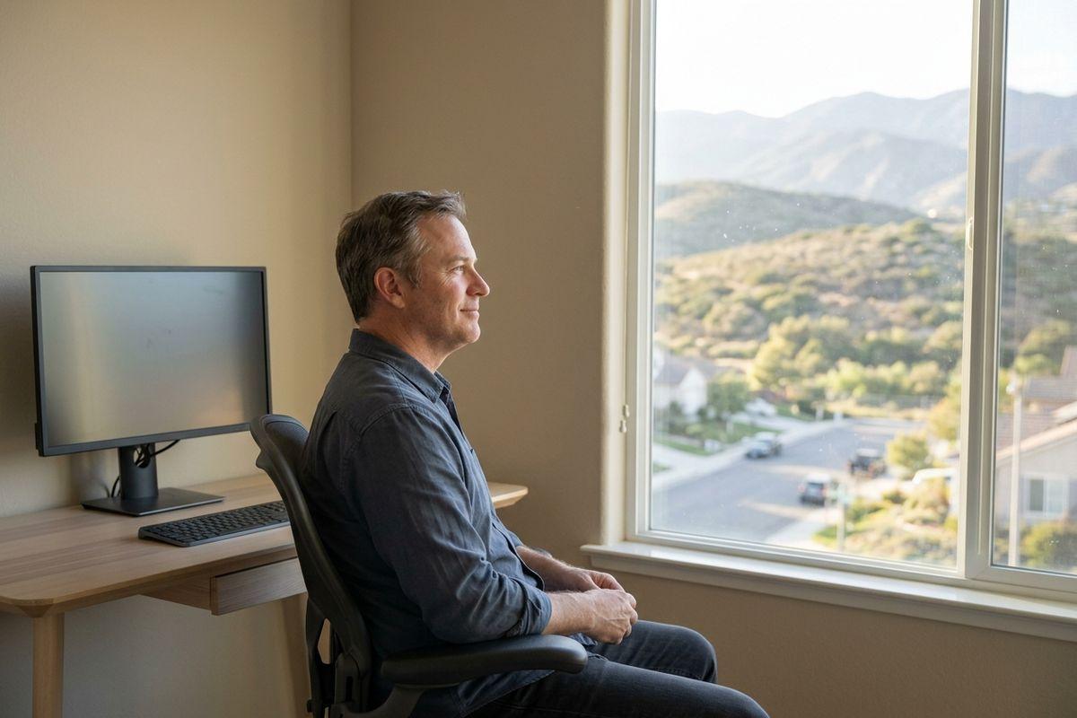 A smiling adult sits in an office chair, turned away from a computer desk to look out a large window at a hilly neighborhood.