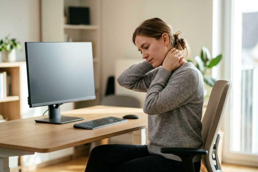 An adult sitting at a desk holds the back of their neck with both hands, looking down next to a computer monitor.