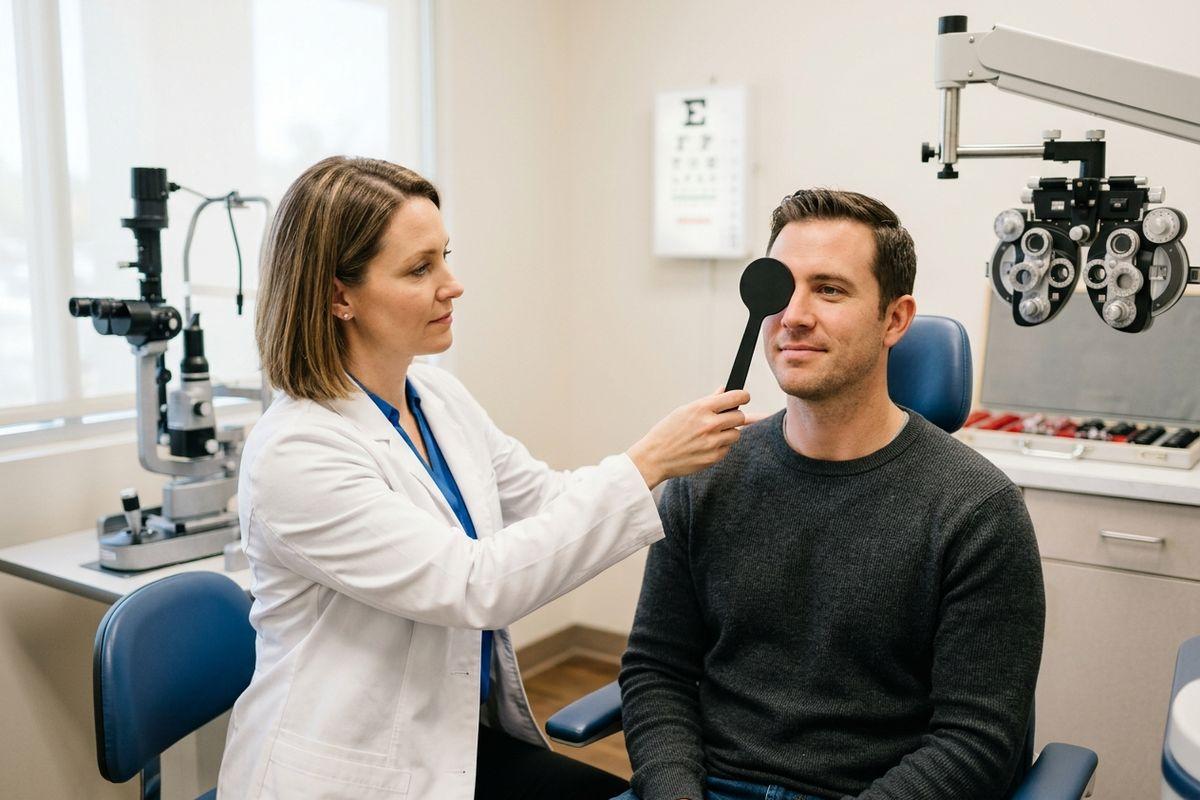 A focused optometrist holds a black eye occluder over one eye of a seated adult during an eye exam in a clinic.