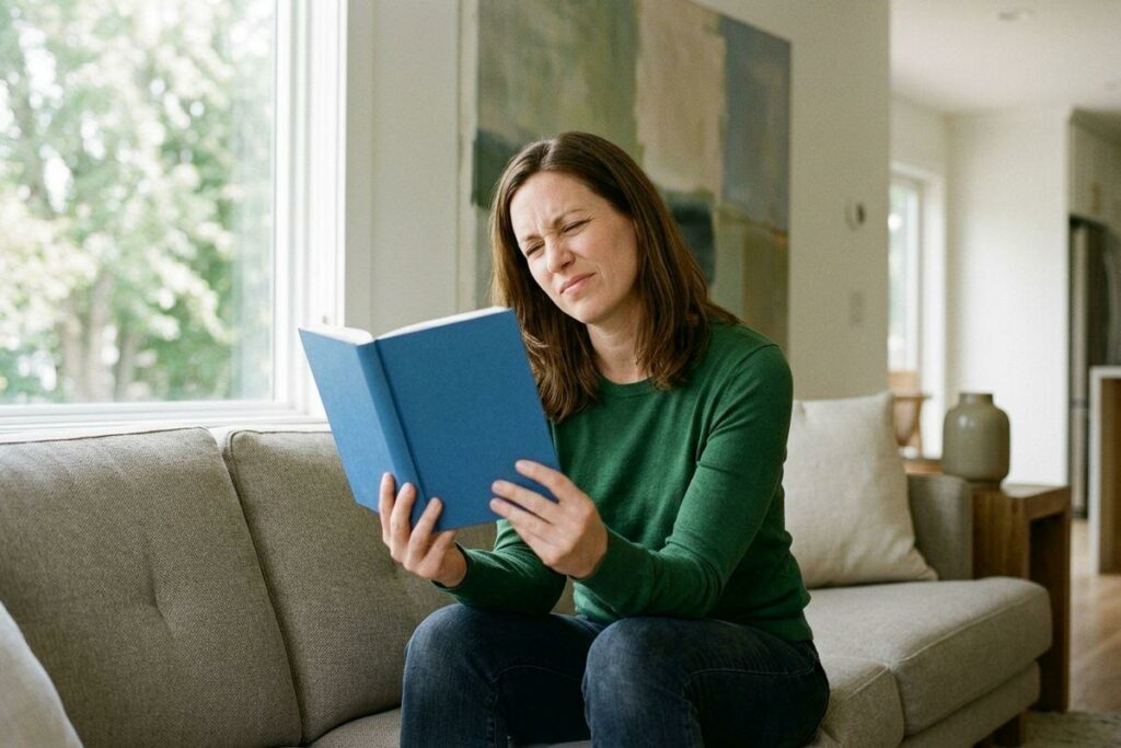 An adult sitting on a living room couch holds an open blue book, squinting down at the pages with a strained expression.
