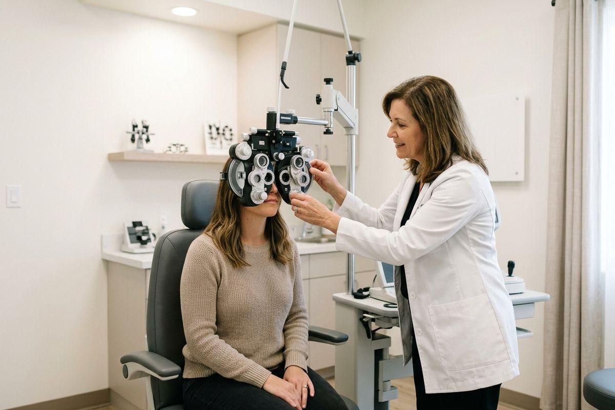 A smiling optometrist adjusts a phoropter in front of a seated adult patient's eyes in an exam room.