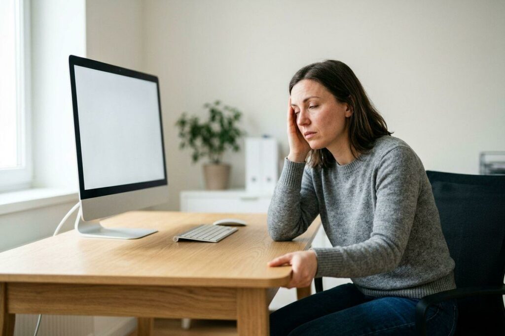 A tired adult sits at a wooden desk, resting their face against one hand and looking away from a blank computer monitor.